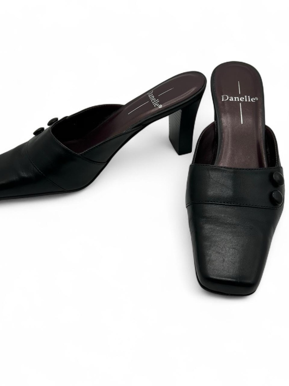 Danelle Black Leather Square-Toe Button-Accent 6.5 M Mules